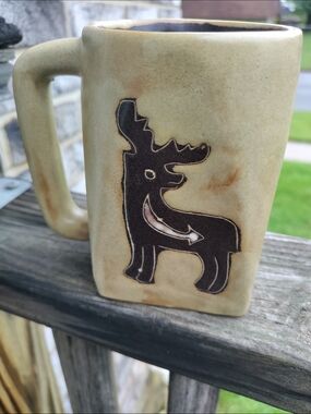 Mara Stoneware Handcarved Ceramic Moose Accent Mug in Beige